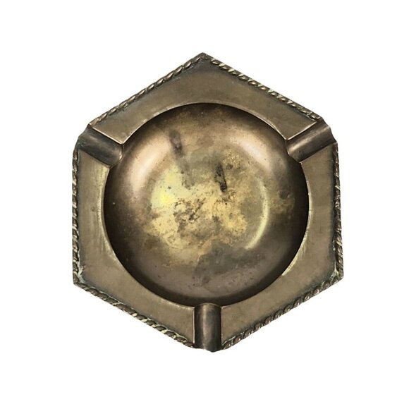 Vintage Solid Brass Ashtray Trinket Coin Tray Dish Retro Decor Rope India Patina - Picture 1 of 12